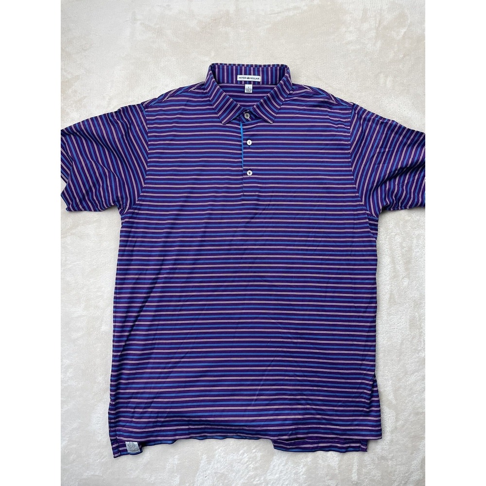 Peter Millar Polo Shirt Mens Large‎ Purple Striped Short Sleeve Cotton Logo